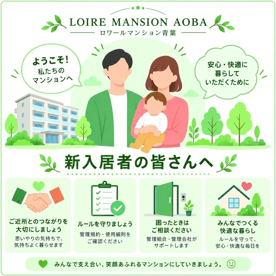 ようこそ！私たちのマンションへ。新入居者の皆さんへ