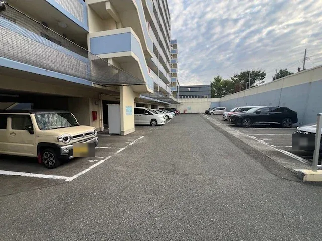 ウエスト棟側の駐車区画。区画線に沿って車が停められています。